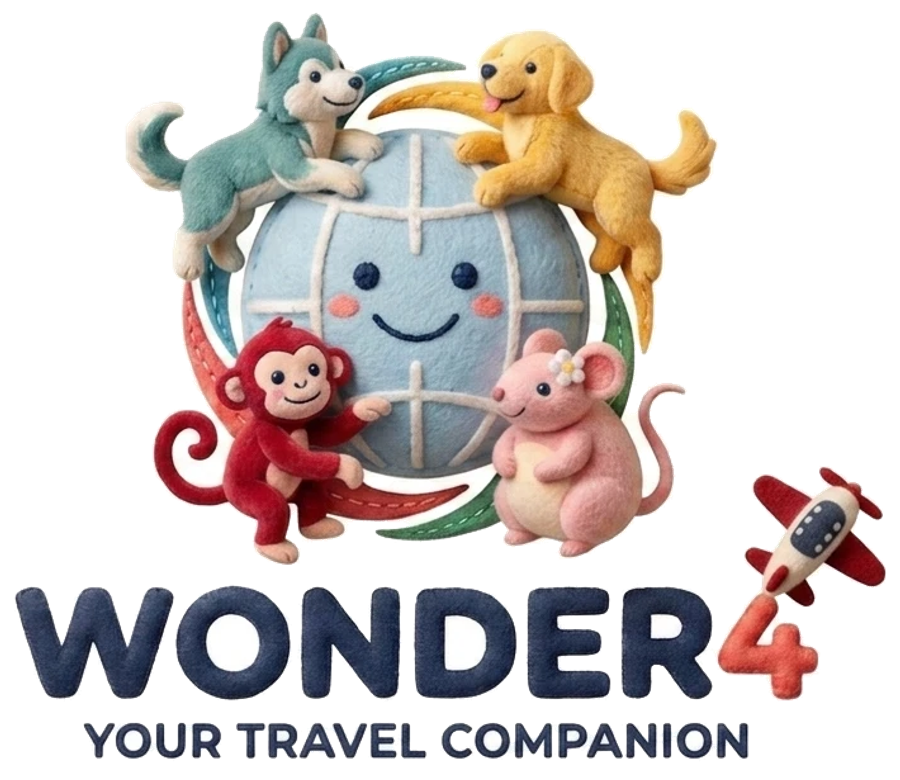 Wonder4 logo: four felt animal friends around a smiling globe